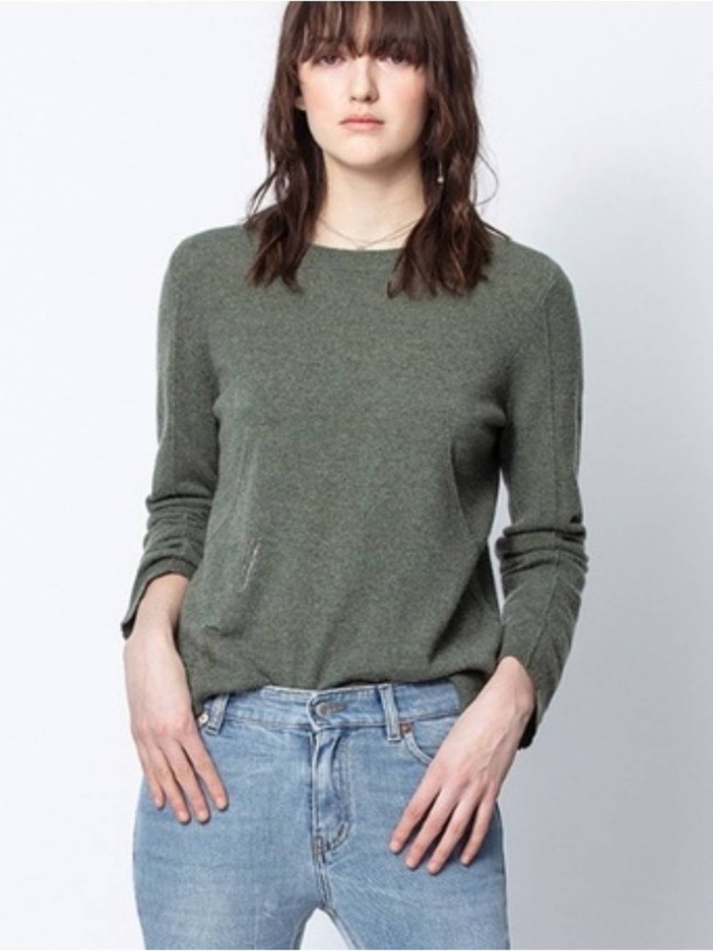 Zadig Voltaire Womens Shania Distressed Cashmere Sweater Large Green Long Sleeve